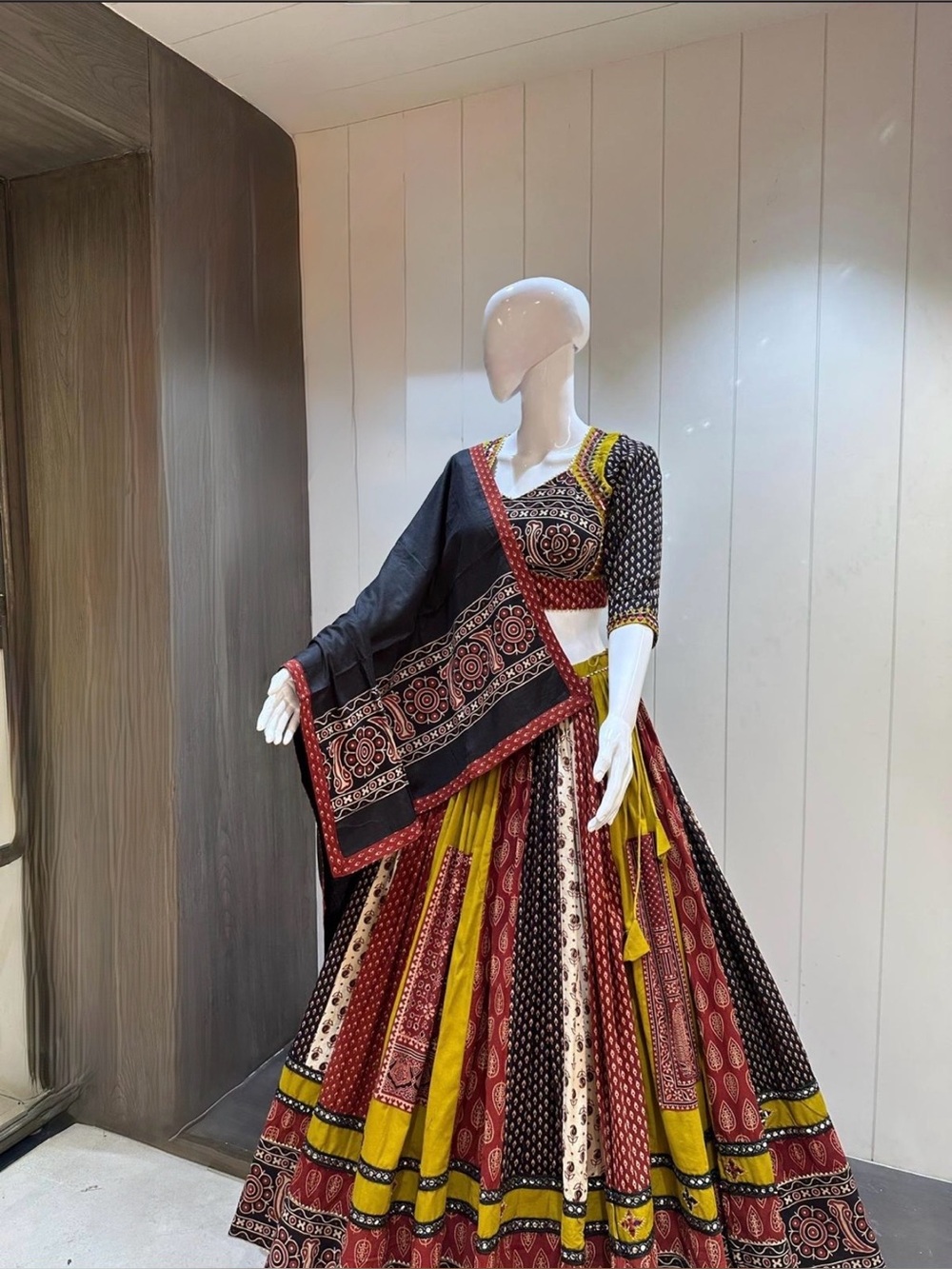 Bohemian 3/4-Sleeve Maxi Dress in Maroon, Mustard & Black